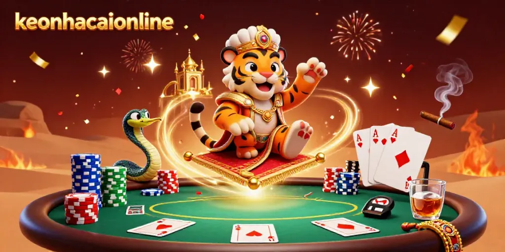 Engage with thrilling betting at keonhacaionline featuring an Arabian-themed tiger sultan on a golden poker carpet.