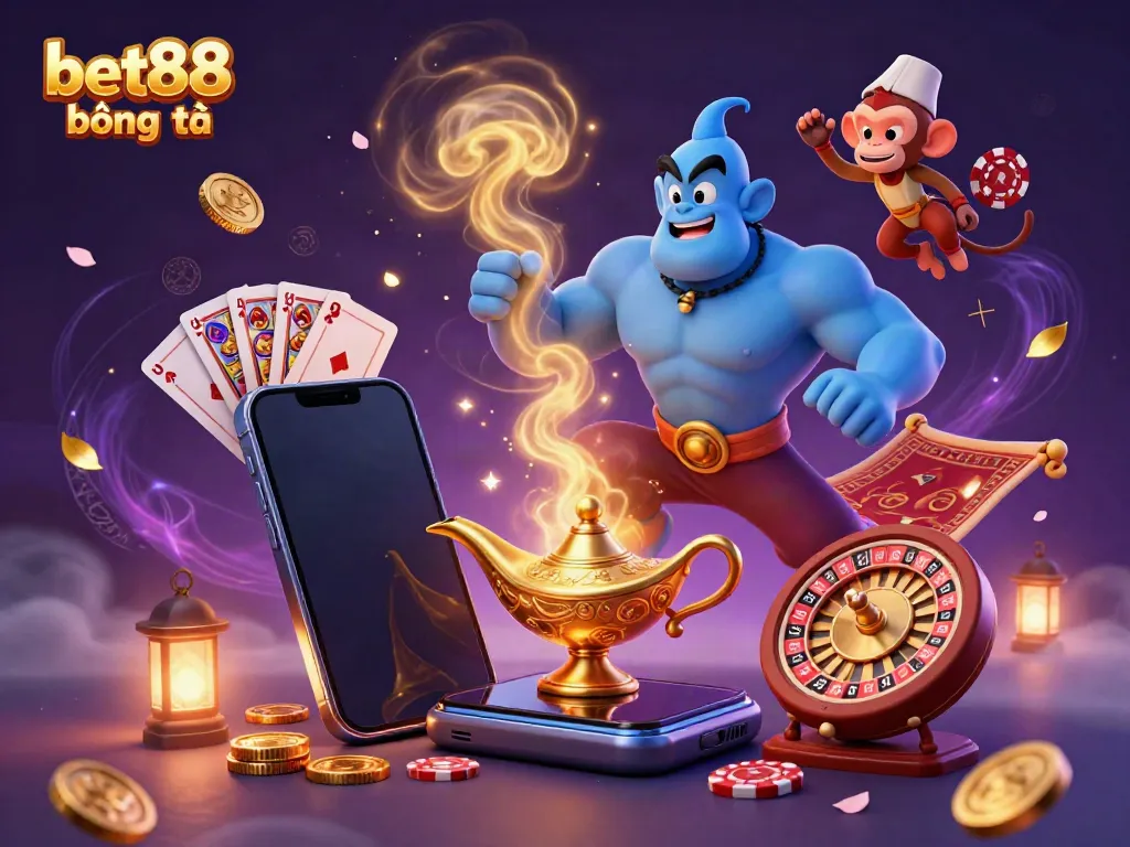 Experience thrilling betting action with bet88 bóng đá in a magical casino scene featuring a genie, poker chips, and slots.