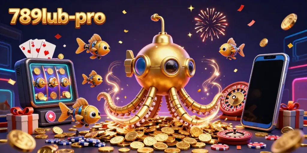 Spin to win with 789lub-pro showcasing a vibrant 3D casino illustration full of golden coins and game elements.