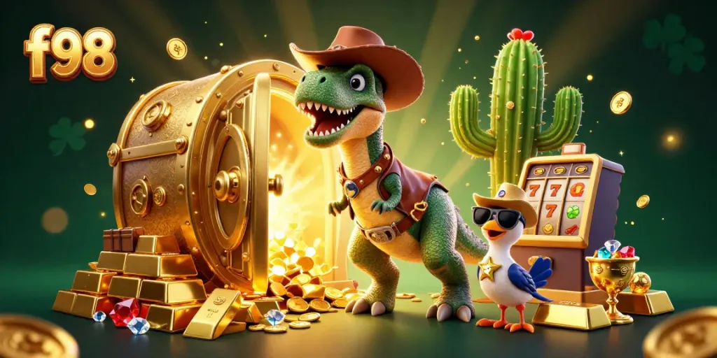 Spin and win at f98 with a vibrant scene of a T-Rex cowboy, treasure, and slot machine elements.