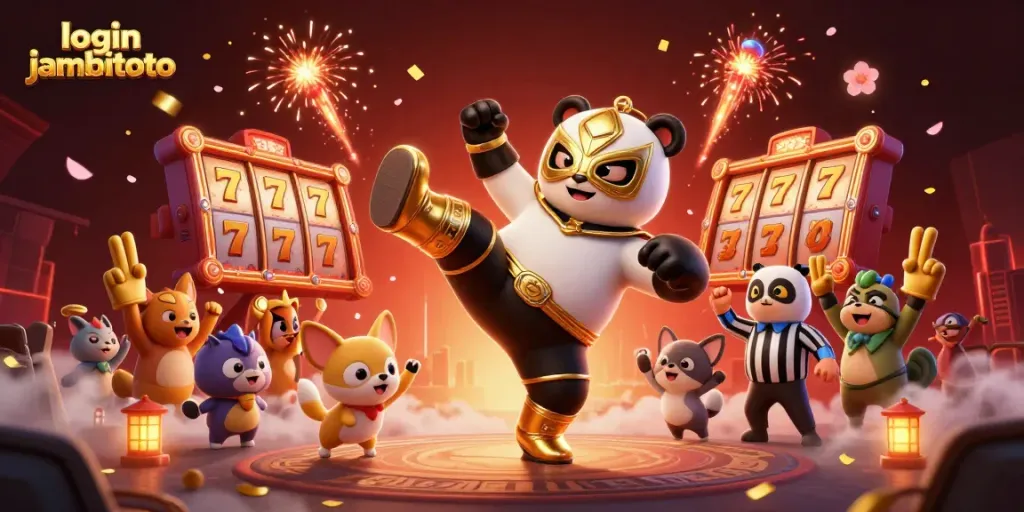 Experience the thrill with login jambitoto featuring a panda wrestler and animated slot reels.