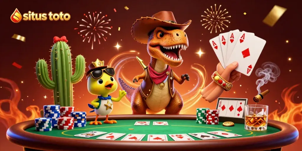 Engage with situs toto in a vibrant 3D casino scene featuring a cowboy dinosaur and poker elements.