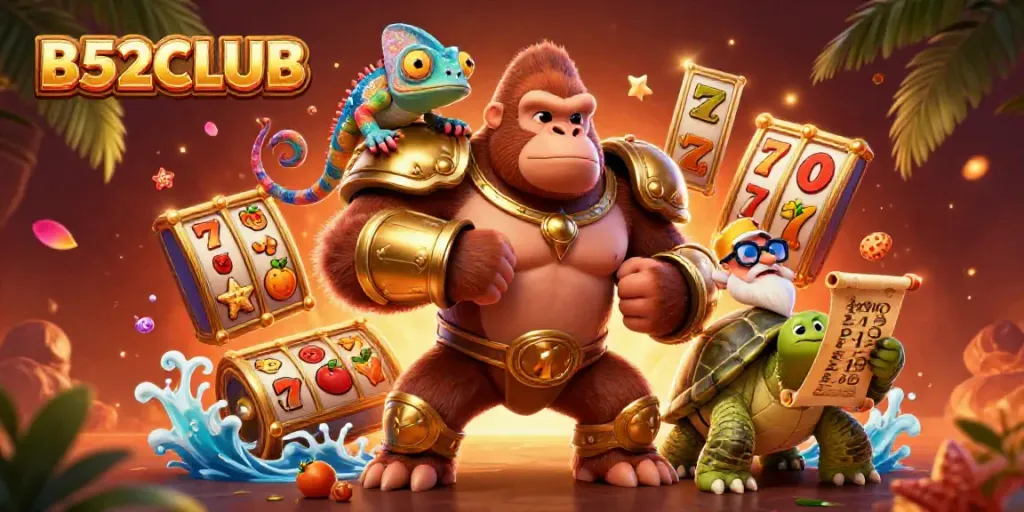 B52CLUB casino adventure featuring a powerful gorilla king and colorful chameleon, with vibrant slot elements.