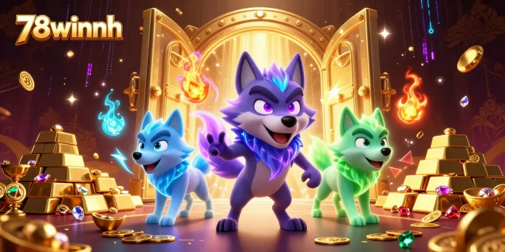 Immerse yourself in a vibrant 78winnh casino world with floating ghost wolves and treasure.