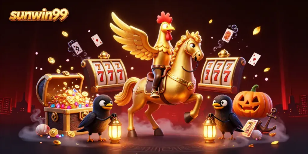 Experience thrilling slots and excitement at sunwin99 with a golden rooster and friends lighting up the casino.