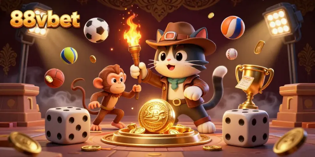 Experience the thrilling world of 88vbet with a dynamic scene of a cat archaeologist and a monkey amidst casino artifacts and sports elements.