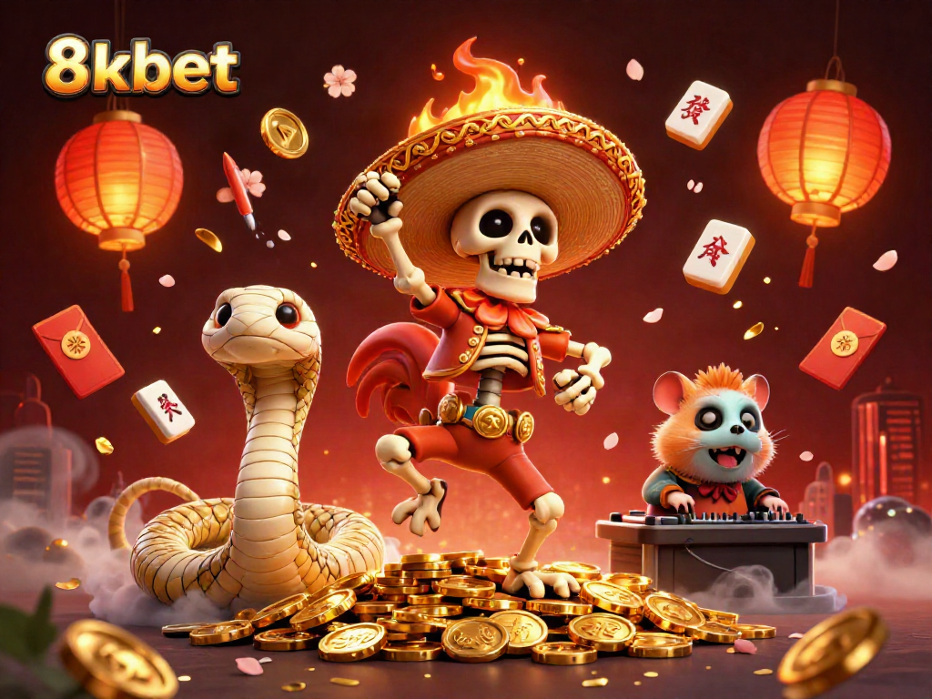 Join the fun with 8xbet's vibrant casino illustration featuring exciting characters and dynamic elements!
