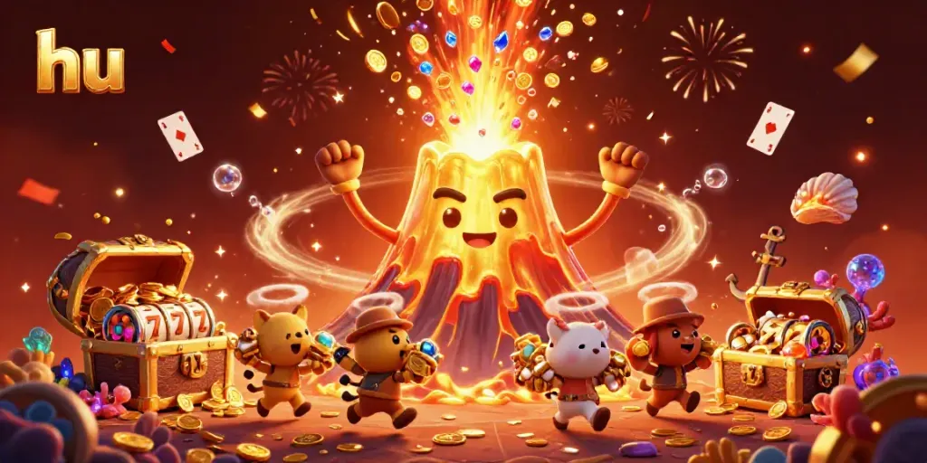 Engaging scene depicting a triumphant golden volcano erupting treasures in a captivating casino setting, showcasing hu.