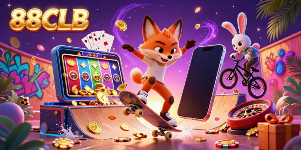 Engage with 88CLB's vibrant gaming scene featuring a skateboarder fox and BMX rabbit amidst casino excitement.
