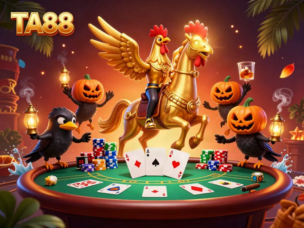 Engage in thrilling gaming with TA88's vibrant casino scene featuring a golden rooster and poker elements.