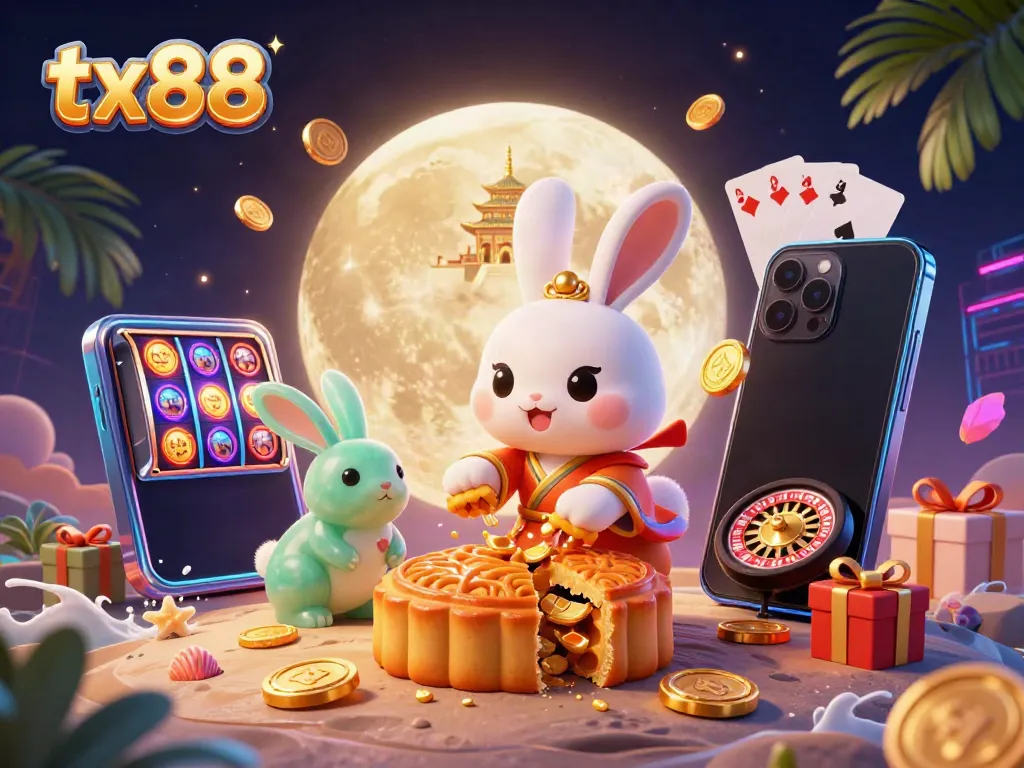 Experience the thrill of tx88 with a lively illustration of a moon rabbit amidst casino elements, showcasing vibrant gambling activities.