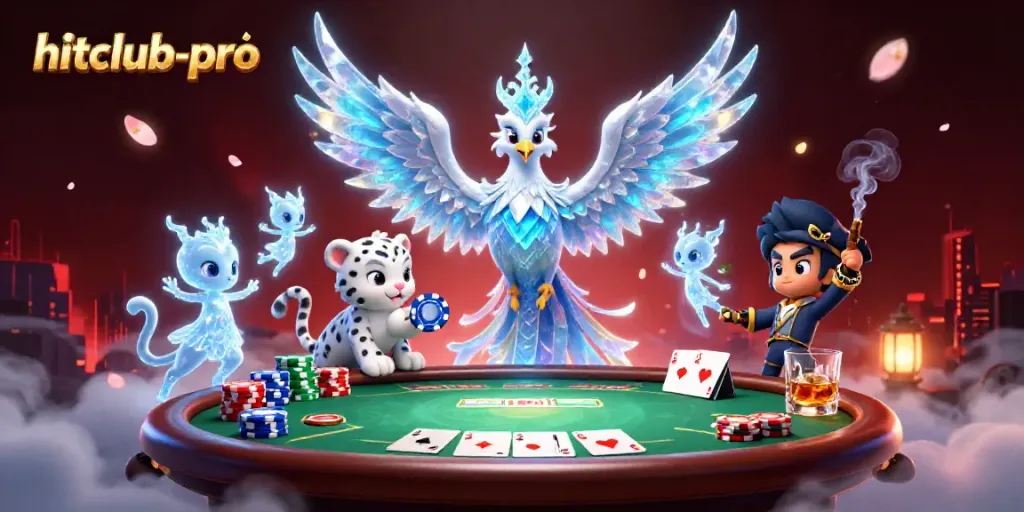 Engage with hitclub-pro through a captivating poker scene involving fantasy creatures and vibrant casino elements.