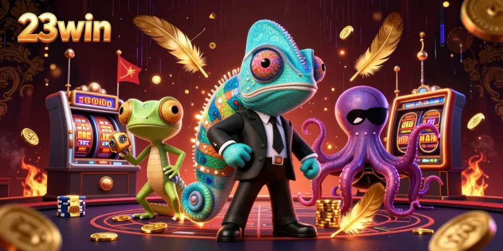 Experience thrilling casino action with 23win as cartoon characters spin slot reels and collect jackpot tokens.