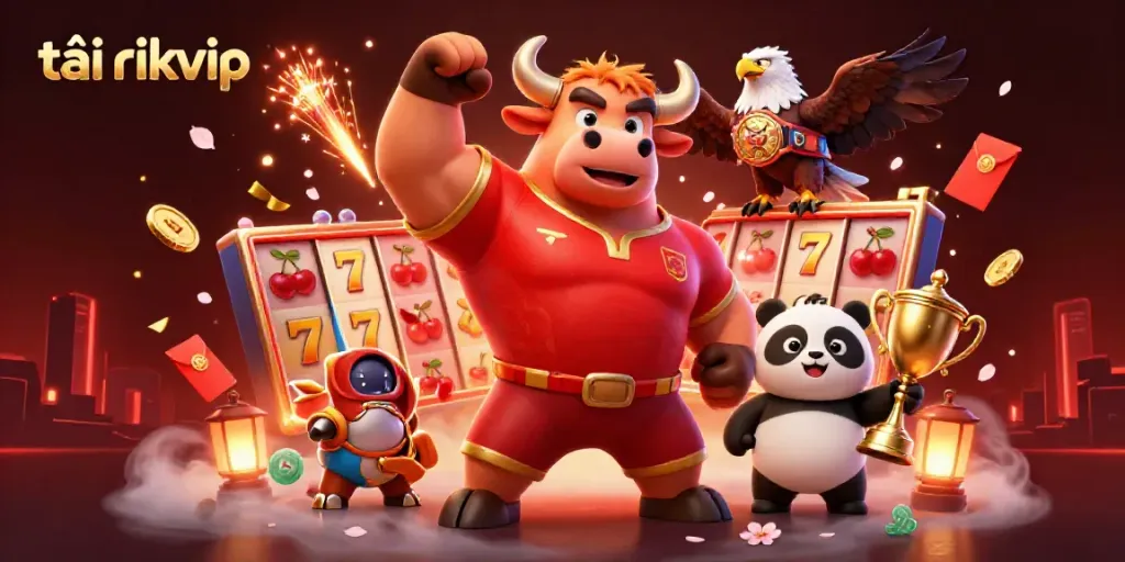 Win big while gaming with tải rikvip - a vibrant 3D scene filled with characters and casino elements.