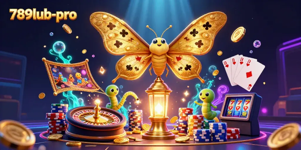 Experience thrilling gaming at 789lub-pro with vibrant casino elements including playing cards, coins, and a roulette wheel.