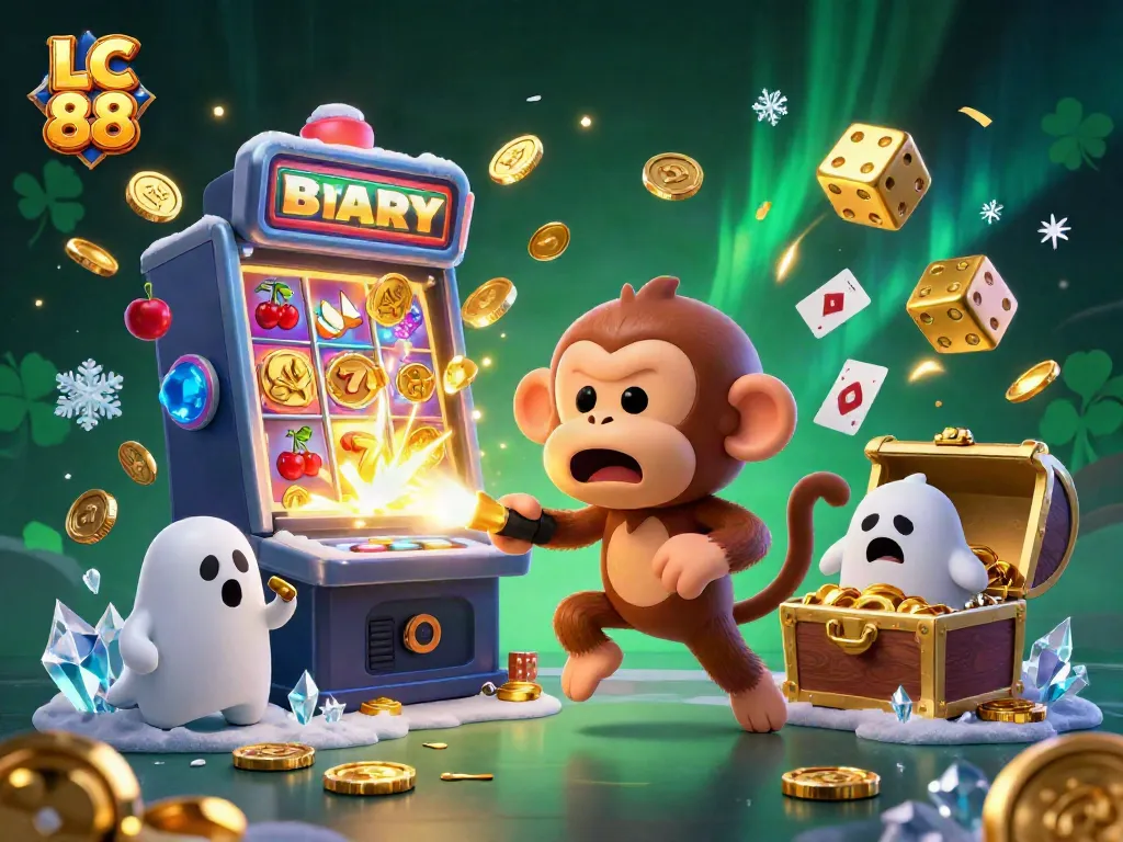 LC 88 the playful poltergeist monkey juggles golden coins in a vibrant, haunted casino scene.