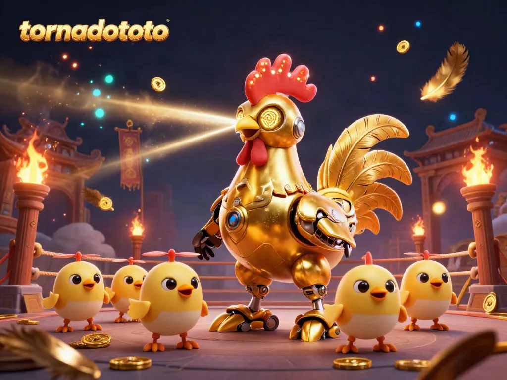 Tornadototo: Experience thrilling wins with a golden rooster robot and baby chick drones in an energetic casino scene.