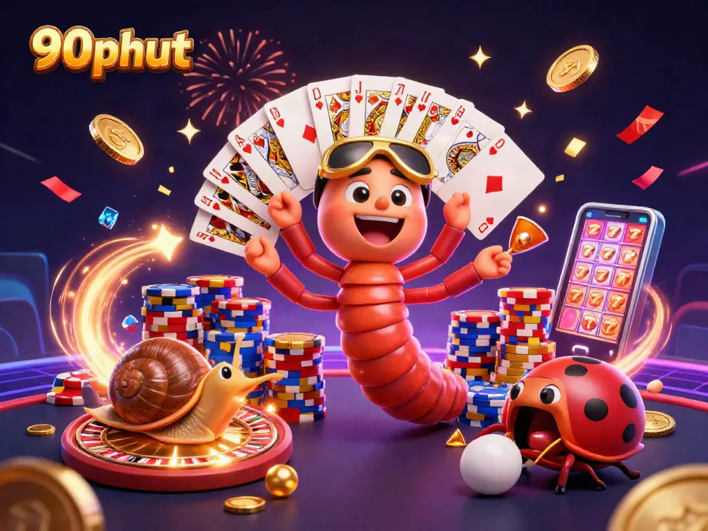 90phut showcases a cartoon dealer with cards, sports betting elements, and colorful casino chips.