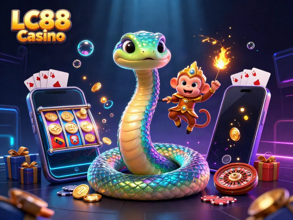 Experience the excitement of LC88 Casino with vibrant 3D elements like a rainbow serpent and slot games.