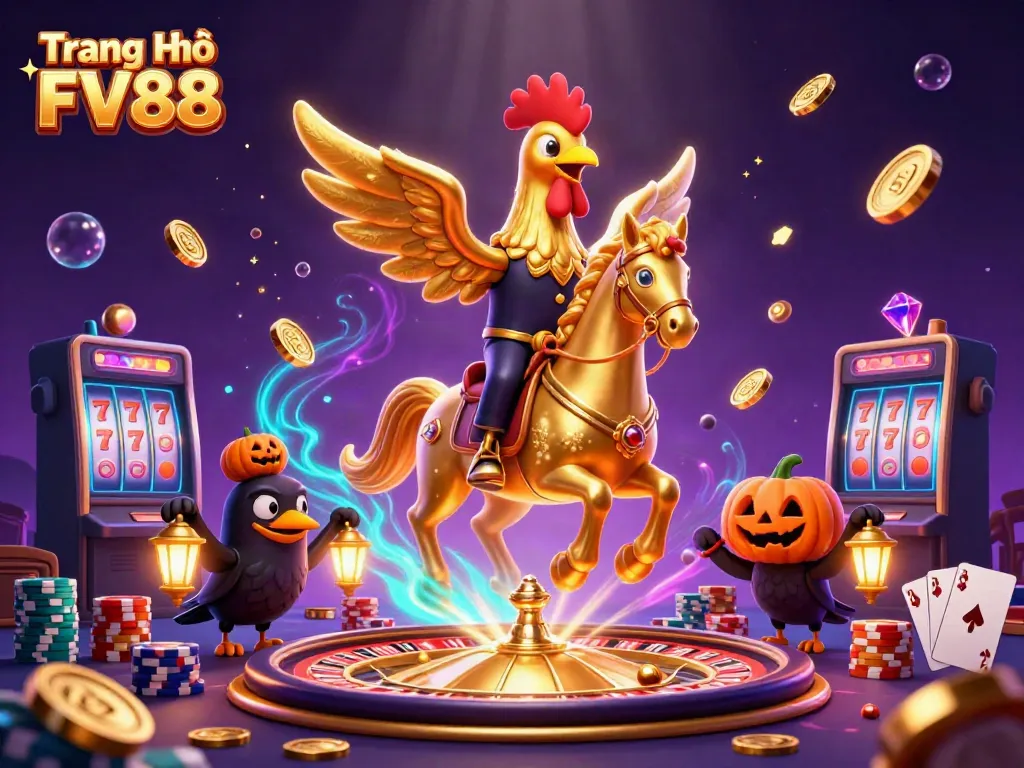 Experience the excitement of Trang Chủ FV88 with a golden rooster in a vibrant casino scene.