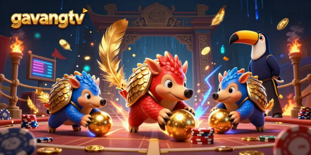 Experience the excitement of gavangtv with animated pangolins bowling through poker chips.