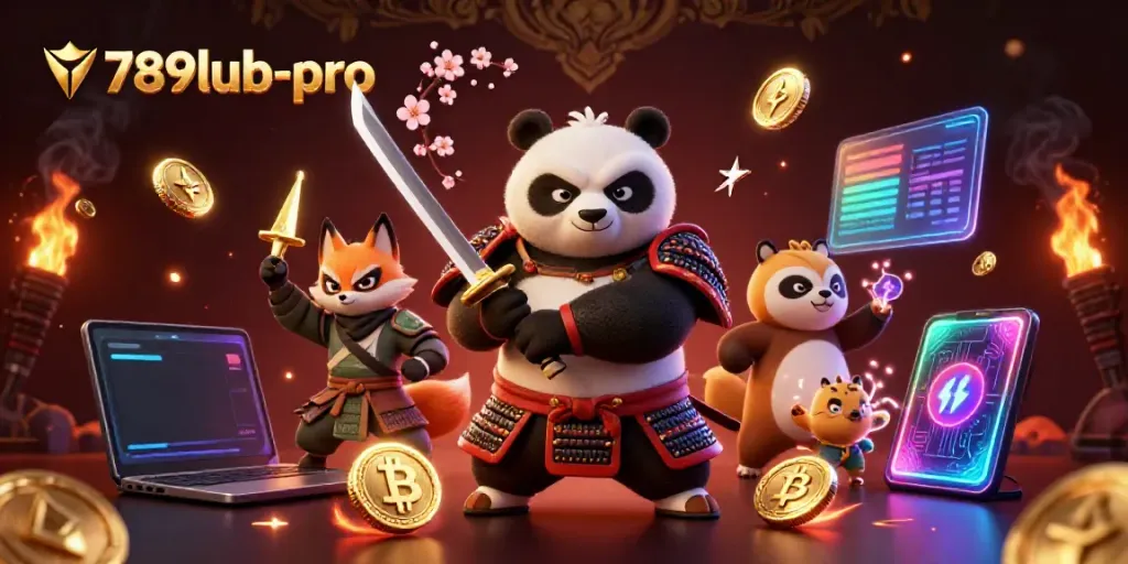 Experience thrilling games with 789lub-pro, featuring dynamic samurai panda and ninja fox in a vibrant casino scene.