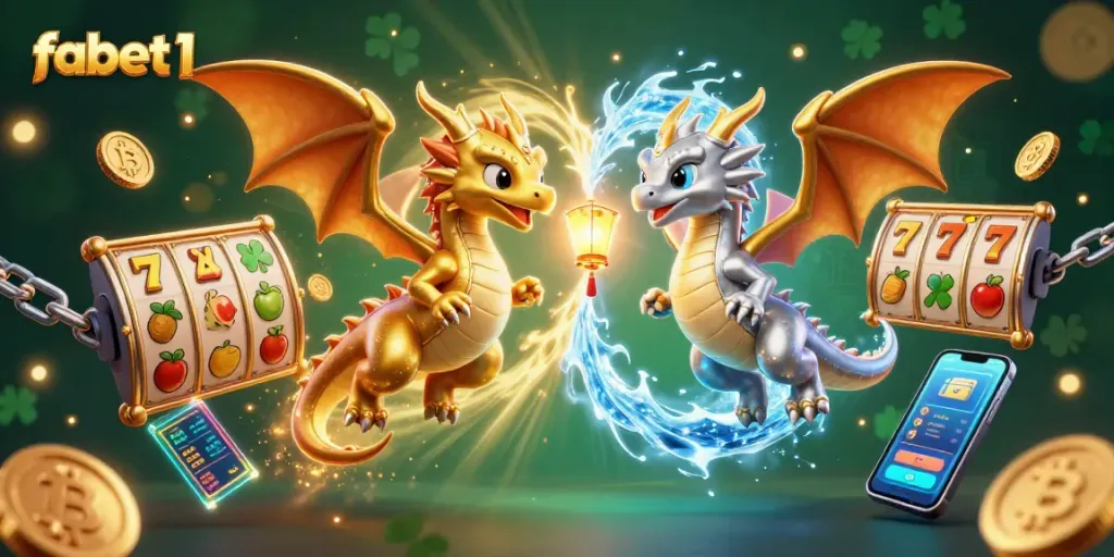 Experience exciting gameplay with fabet1, featuring a dynamic dragon duel in a vibrant casino setting.