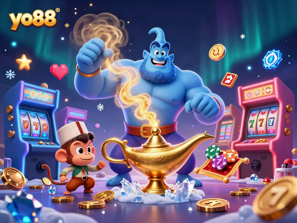 Engage with the thrilling world of yo88 casino games featuring vibrant 3D illustrations of genie, monkey, and poker chips.