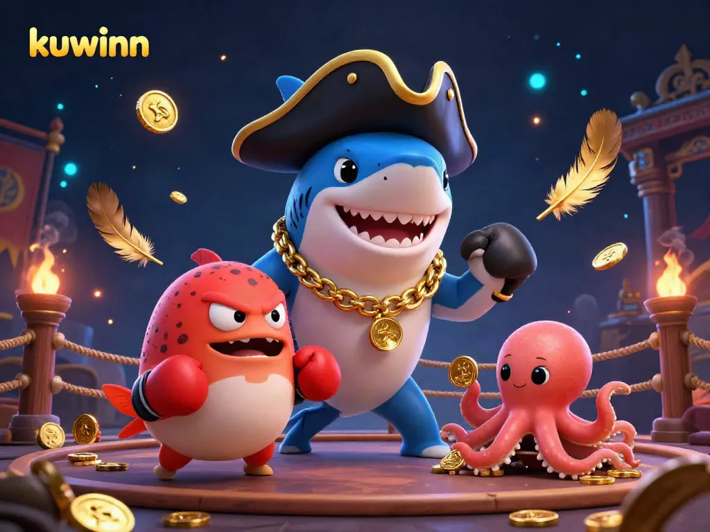 Experience thrilling gameplay at kuwinn with a pirate shark and friends in a vibrant 3D casino scene.