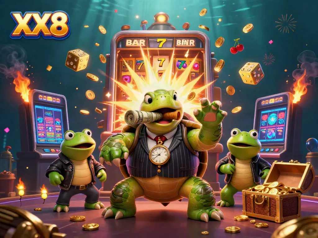 Experience thrilling gameplay at XX8 with a lively illustration of casino fun featuring a mascot turtle and game elements.