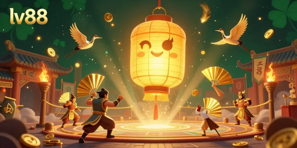 Engage with thrilling gameplay at lv88, where a golden lantern spirit guides you through a vibrant casino scene.
