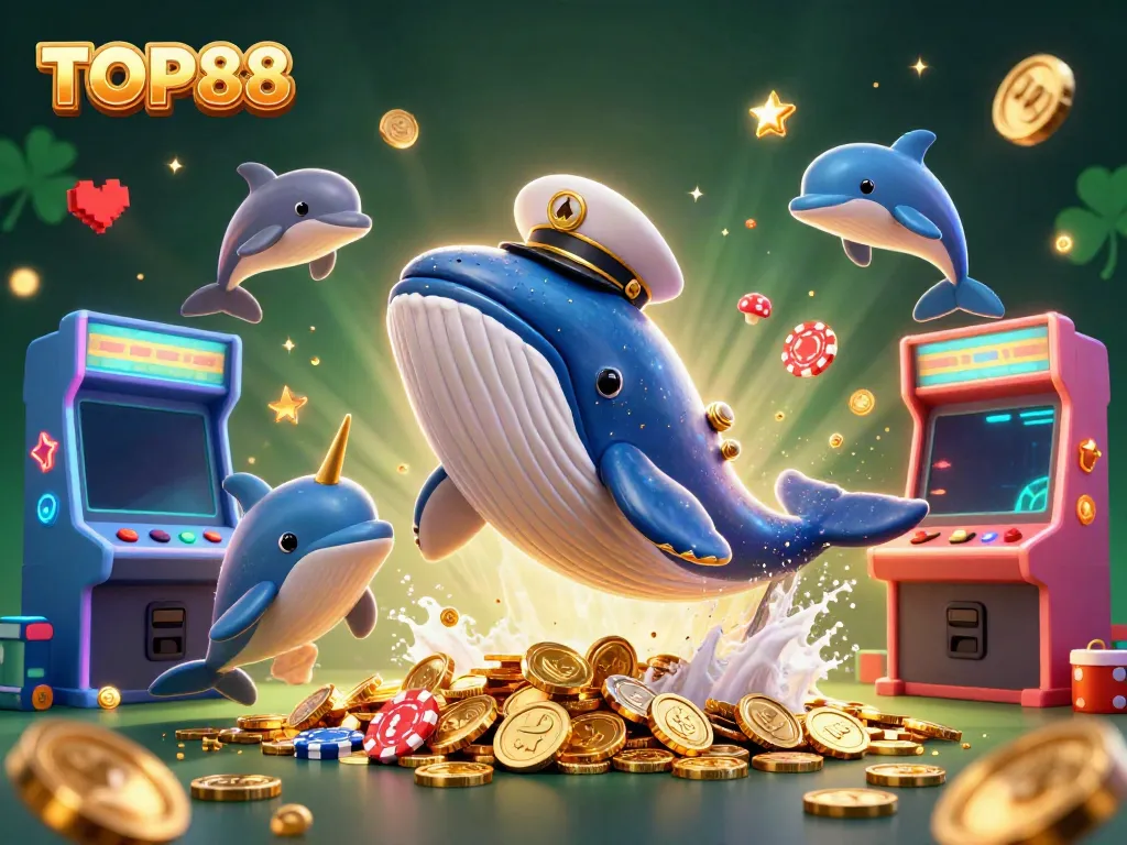 Engage in exciting gameplay with TOP88, featuring a 3D whale and playful dolphins in a treasure-filled scene.
