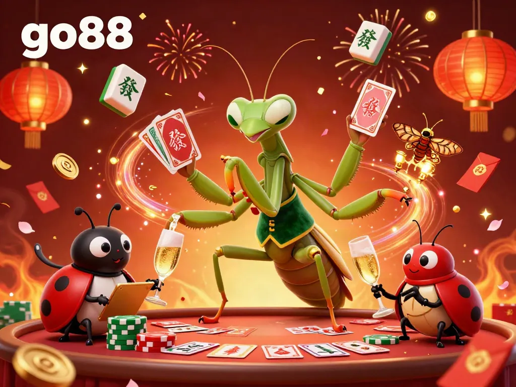 Experience the excitement of go88 with a vibrant casino scene featuring a giant mantis card sharp, ladybug pit boss, and festive game elements.