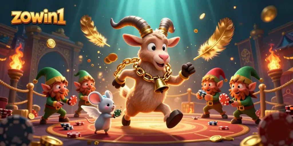 Experience the lively fun of zowin1 with a cartoon Krampus casino scene, featuring playful characters and gold coins.