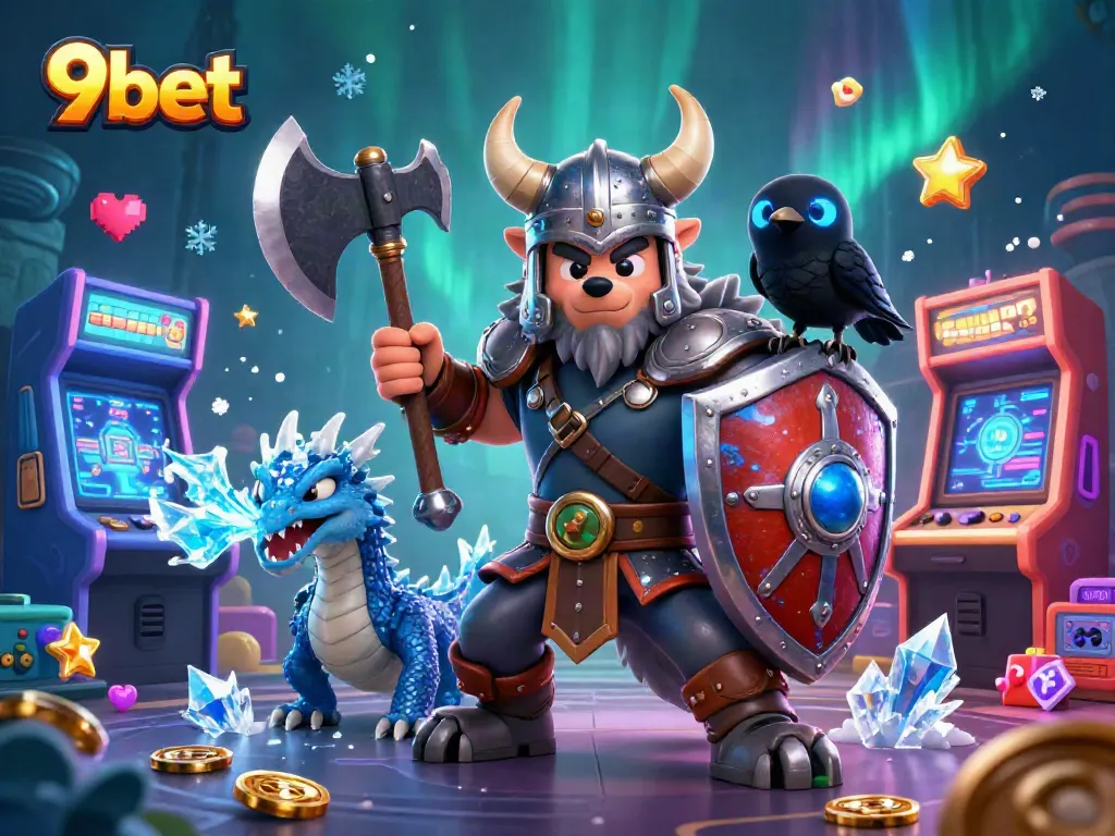 Engaging 9bet gaming scene with a Viking wolf warrior, dragon, and vibrant casino elements.
