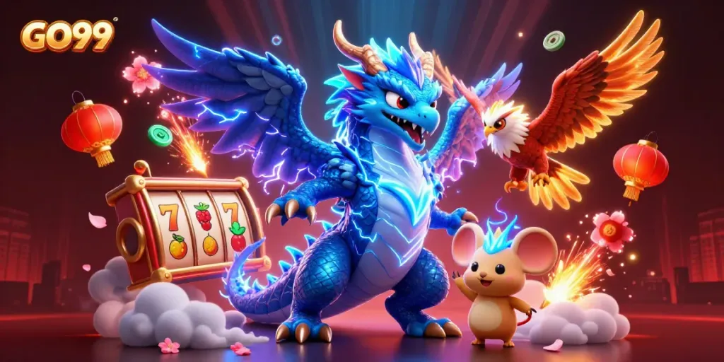 Experience the GO99 gaming adventure with powerful characters and dynamic slot elements in this vibrant illustration.