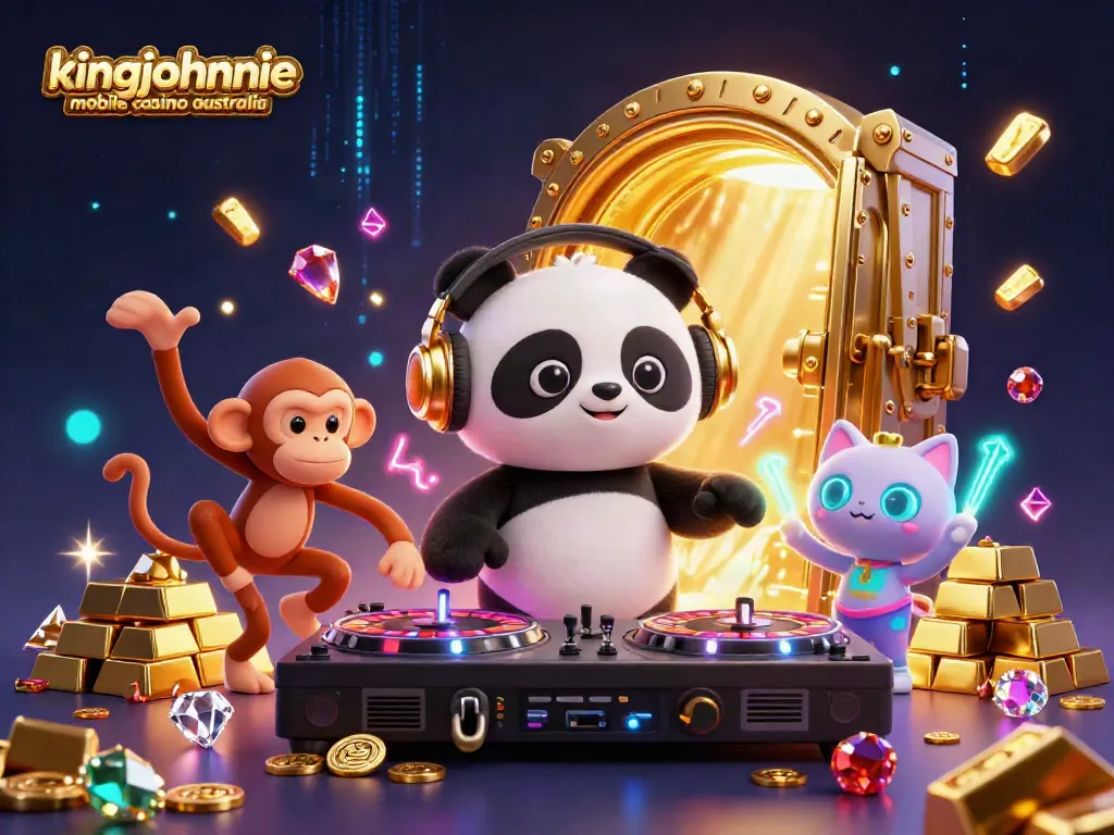 Experience the thrill of kingjohnnie mobile casino australia with vibrant 3D characters in an electrifying casino scene.