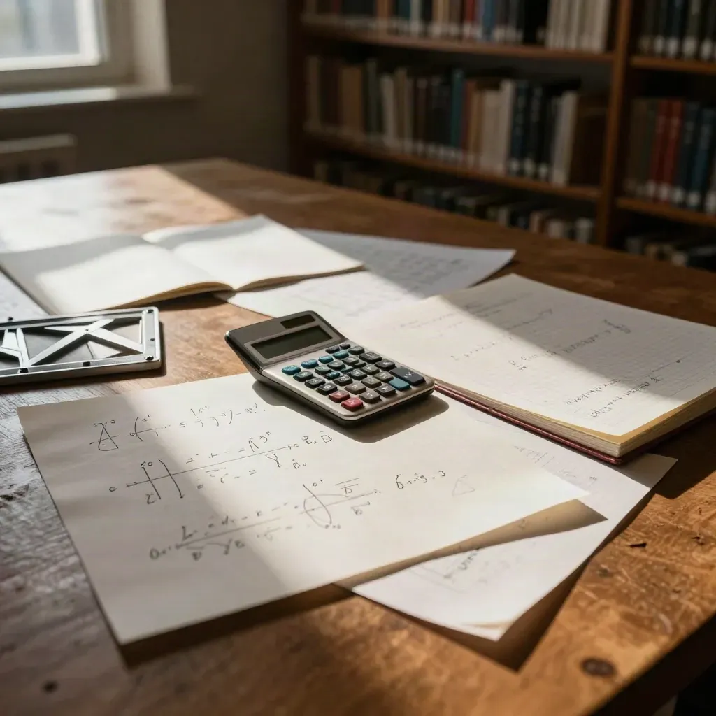 Stół w bibliotece z arkuszami wzorów, zeszytem w kratkę, kalkulatorem i zestawem geometrycznym.