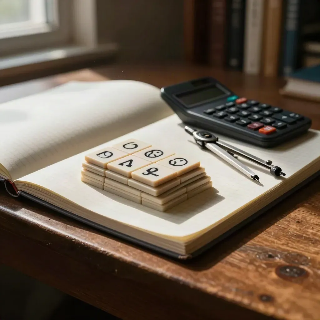 Na stole do nauki leżą zeszyt w kratkę, kalkulator, bryły algebraiczne i etui z cyrklem.