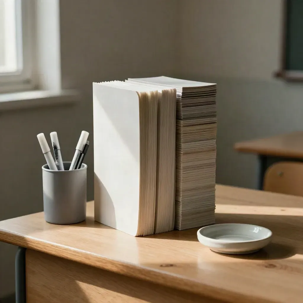 Na biurku nauczyciela leżą laminowane karty pracy, marker, kreda i ceramiczna miseczka.