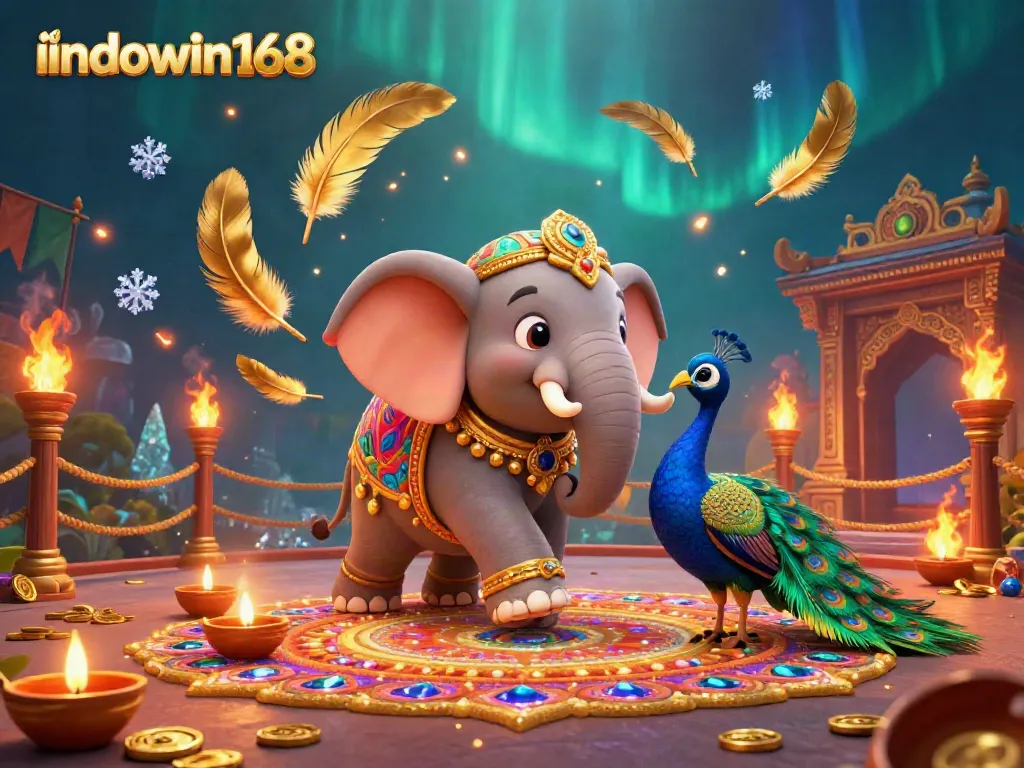 Immerse in the vibrant world of indowin168 with a dynamic scene of a Diwali-themed elephant and colorful elements, showcasing thrilling casino vibes.