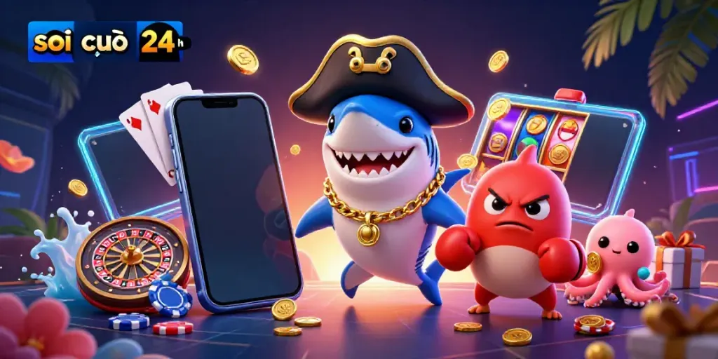 Engaging scene of soi cầu 24h with animated characters enjoying a lottery game experience featuring gold coins and vibrant elements.