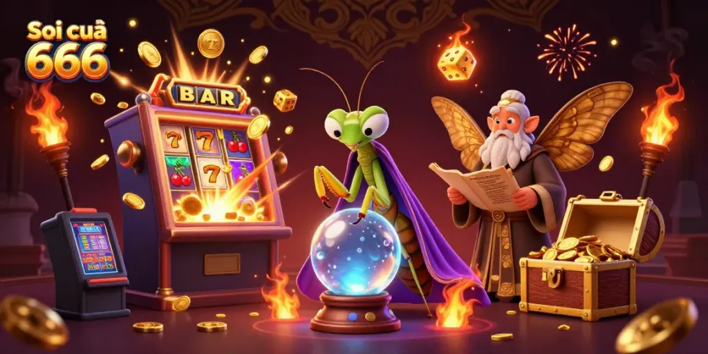 Soi cầu 666's vivid 3D rendering showcases a dynamic fortune teller scene with casino elements.