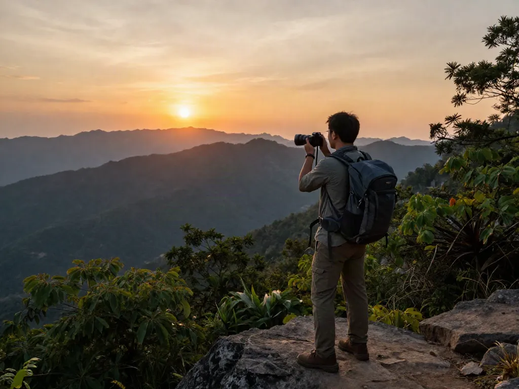 Traveler at a mountain viewpoint during golden hour, capturing the garuda 404 flight adventure.