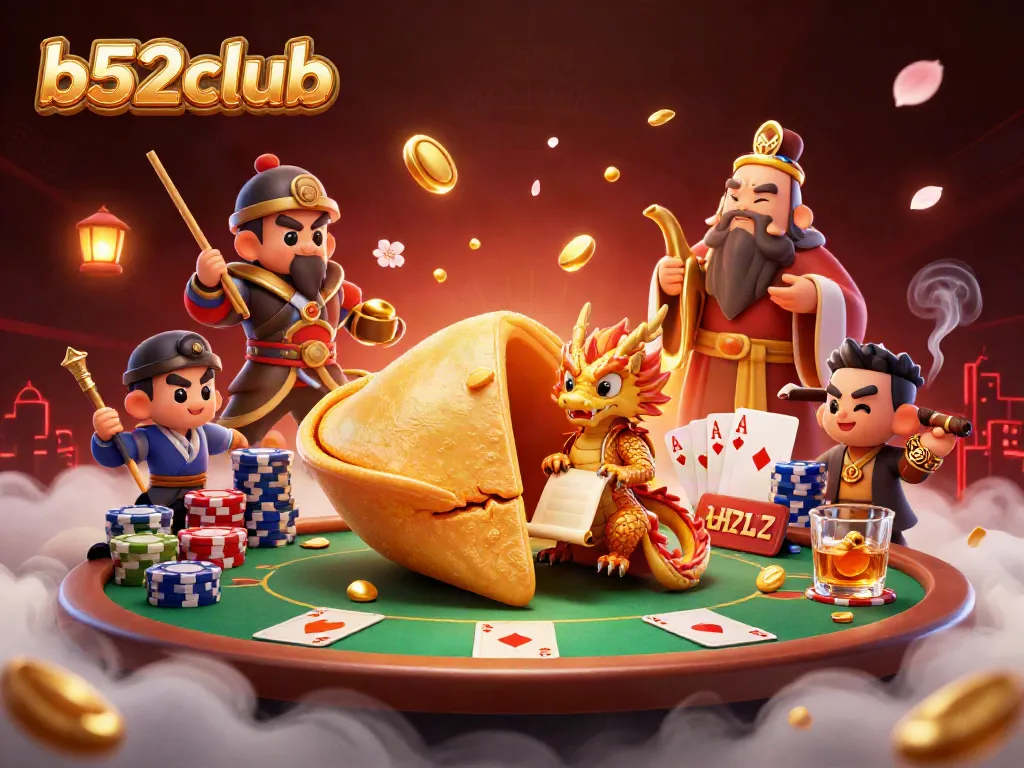 Engage in b52club with a whimsical 3D casino scene highlighting a golden fortune cookie and poker elements.