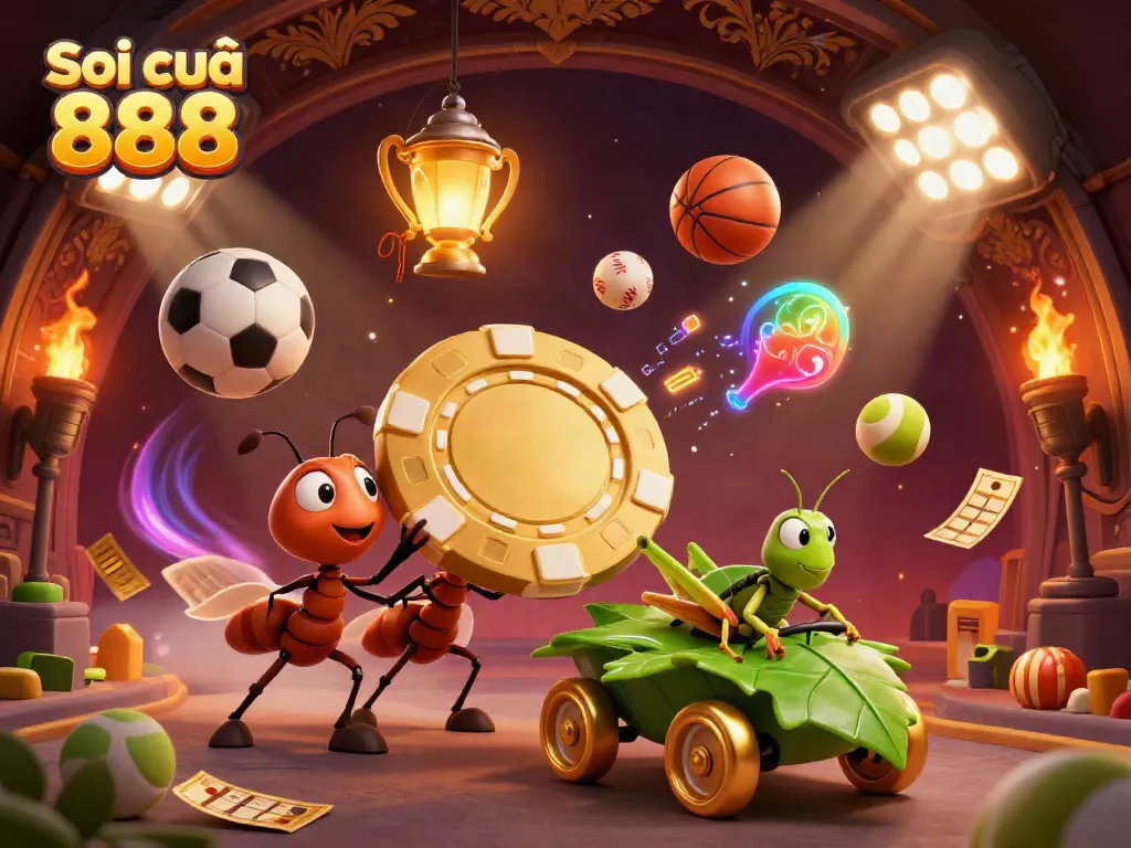 Soi cầu 888 depicts ants executing a playful lottery heist with oversized poker chip in a vibrant underground scene.