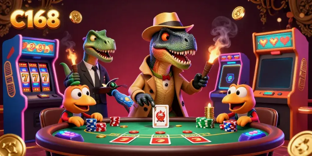 C168 blackjack scene featuring a velociraptor card counter, stegosaurus pit boss, and a sneaky compy thief.