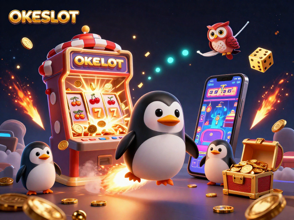 Menyemarakkan permainan dengan OKESLOT, penguin emas roket mengantarkan koin dan jackpot slot gemerlap.