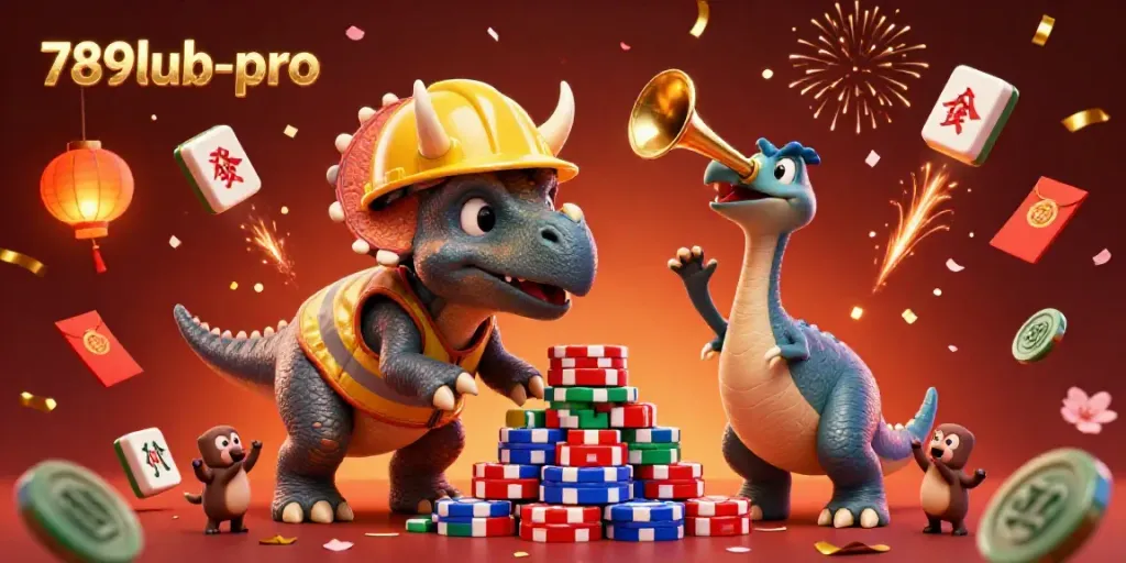 Engage with 789lub-pro in an exciting 3D scene showcasing gambling elements and vibrant celebrations.