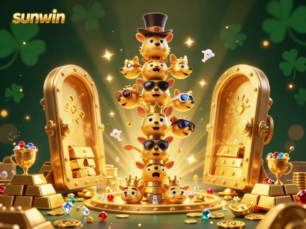 Experience the excitement with sunwin at this dynamic casino-themed 3D illustration showcasing vibrant elements and a golden totem.